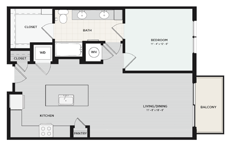 Floor plan for 1 bed, 1 bath, 812 sqft